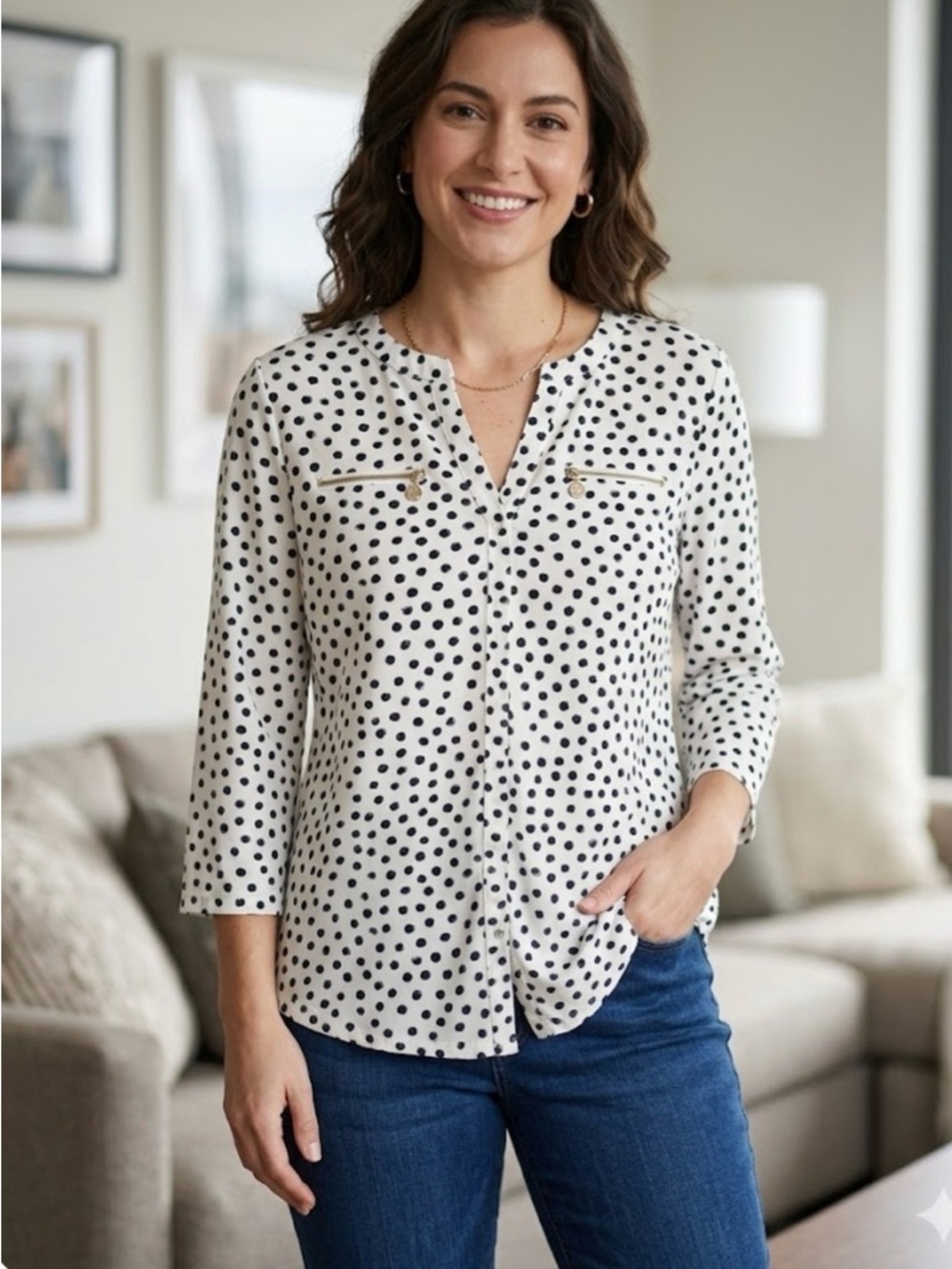 Anne Klein White Blouse with Black Polka Dots